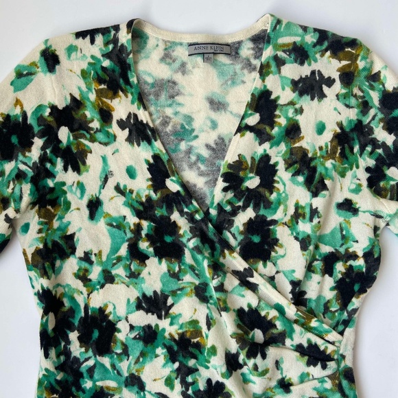 ANNE KLEIN CASHMERE FLORAL WRAP SWEATER LONG SLEEVE TOP OFFICE BOTANICAL FLOWERY - Picture 4 of 7